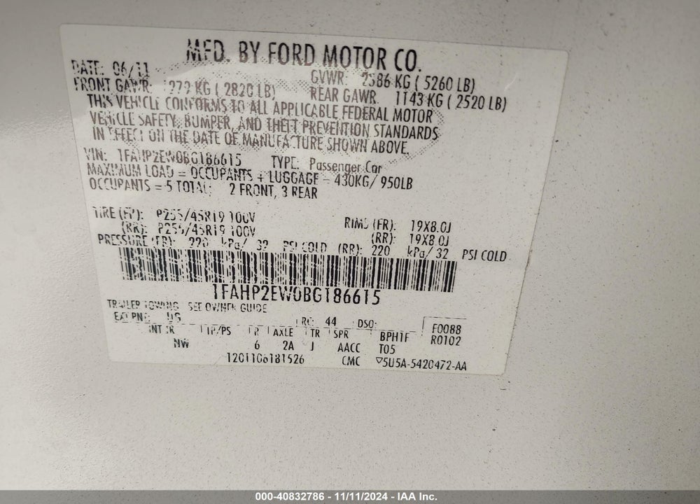 2011 FORD TAURUS SEL VIN: 1FAHP2EW0BG186615