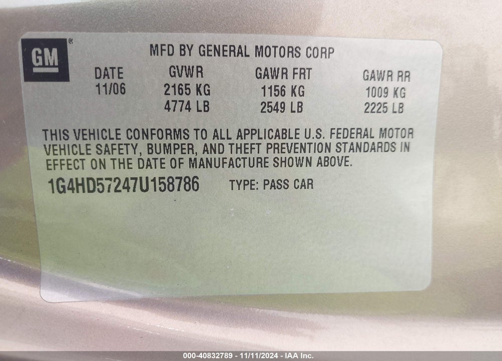 2007 BUICK LUCERNE CXL VIN: 1G4HD57247U158786