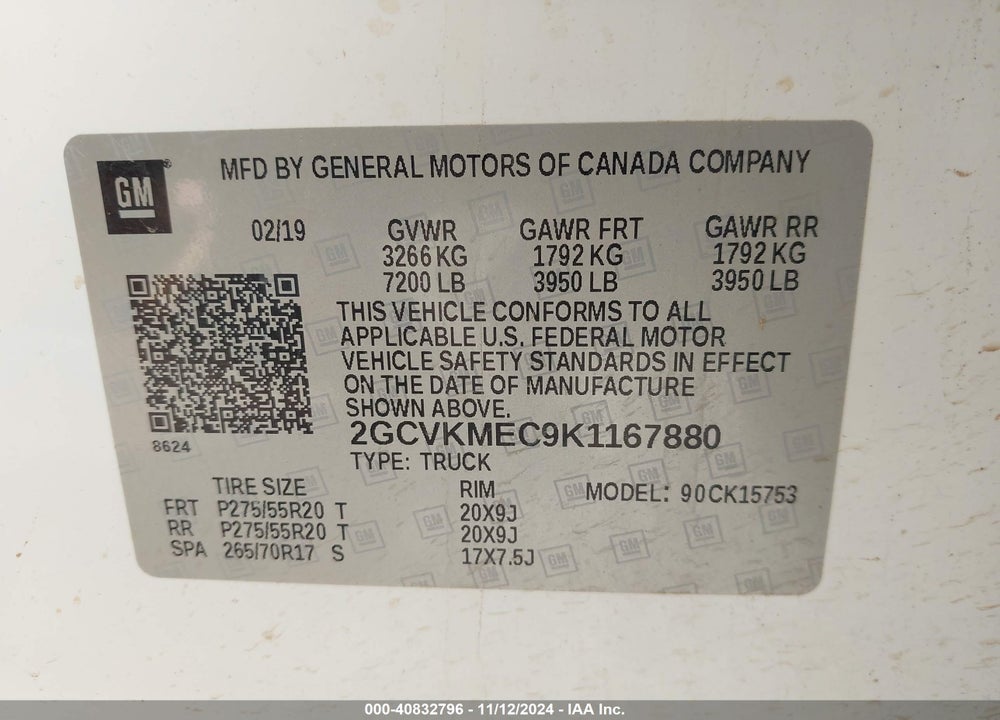 2019 CHEVROLET SILVERADO 1500 LD SILVERADO CUSTOM VIN: 2GCVKMEC9K1167880
