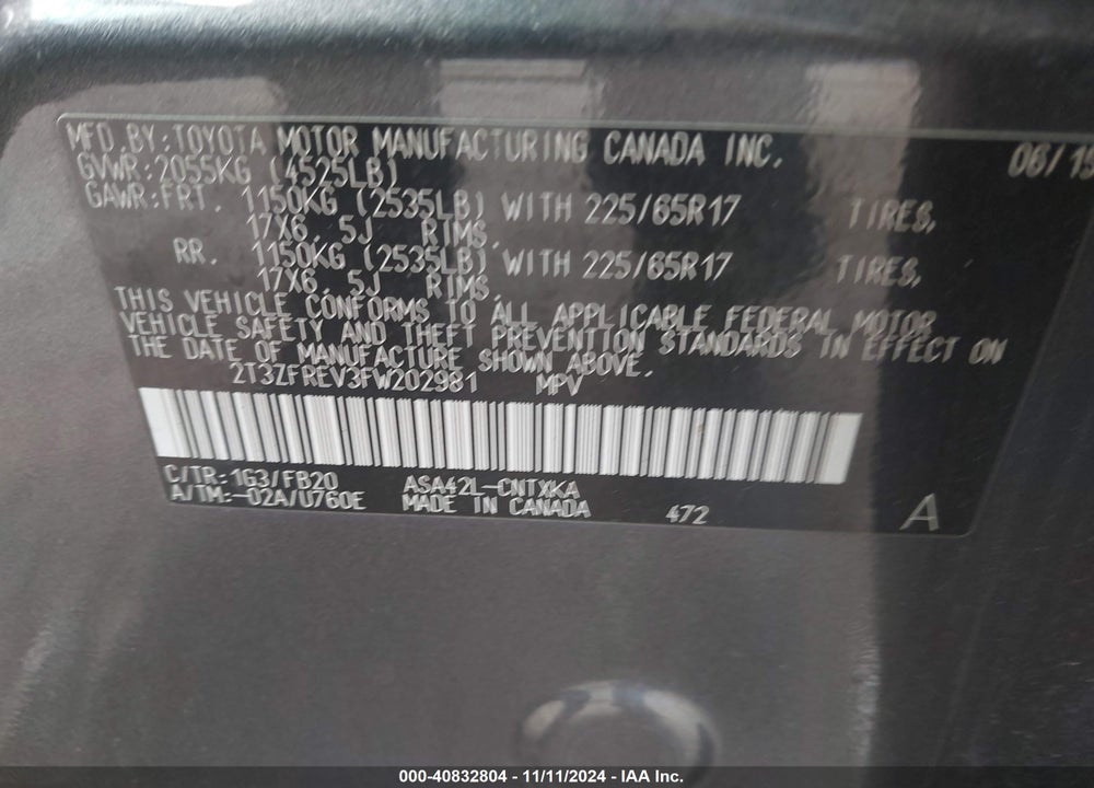 2015 TOYOTA RAV4 LE VIN: 2T3ZFREV3FW202981