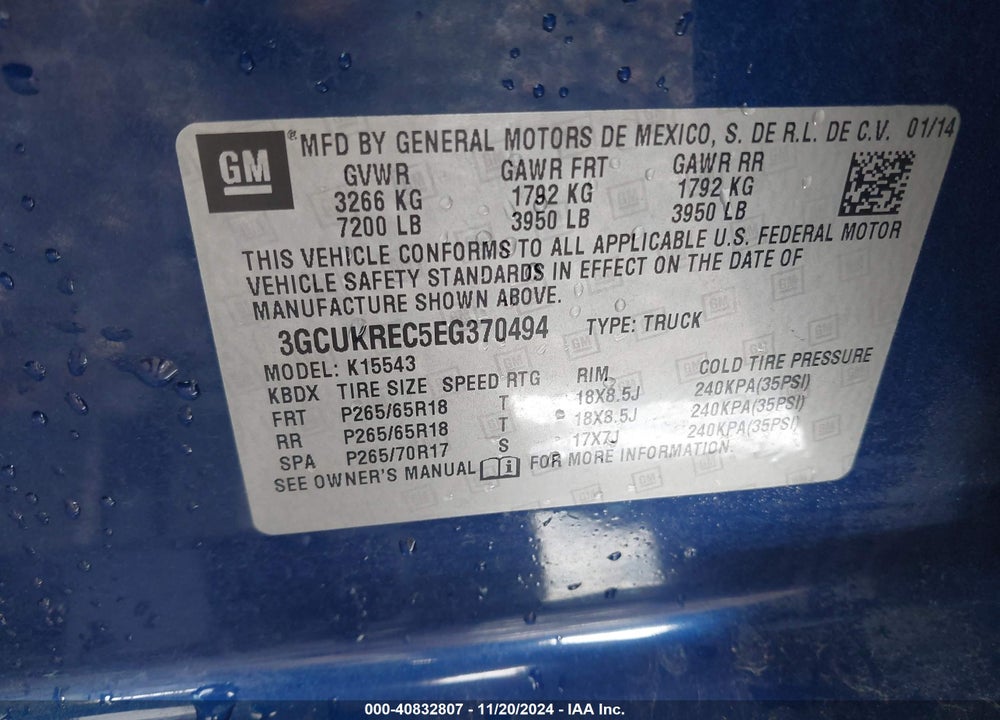 2014 CHEVROLET SILVERADO 1500 VIN: 3GCUKREC5EG370494