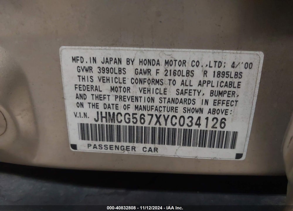 2000 HONDA ACCORD 2.3 SE VIN: JHMCG567XYC034126