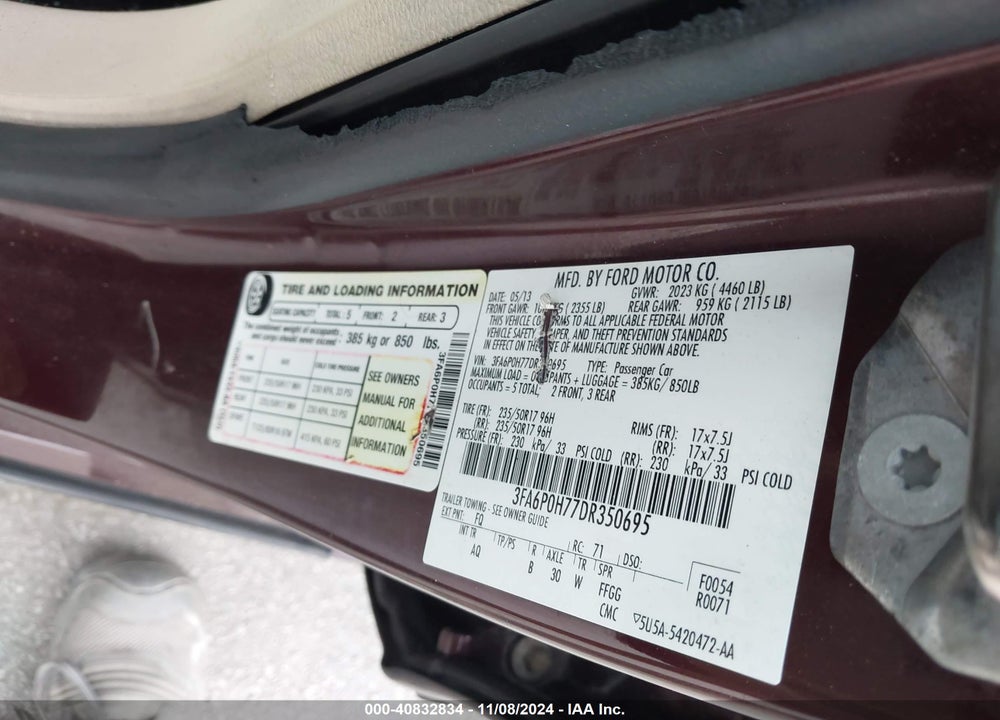 2013 FORD FUSION SE VIN: 3FA6P0H77DR350695