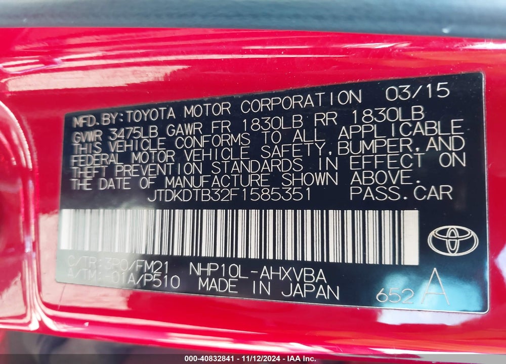 2015 TOYOTA PRIUS C TWO VIN: JTDKDTB32F1585351