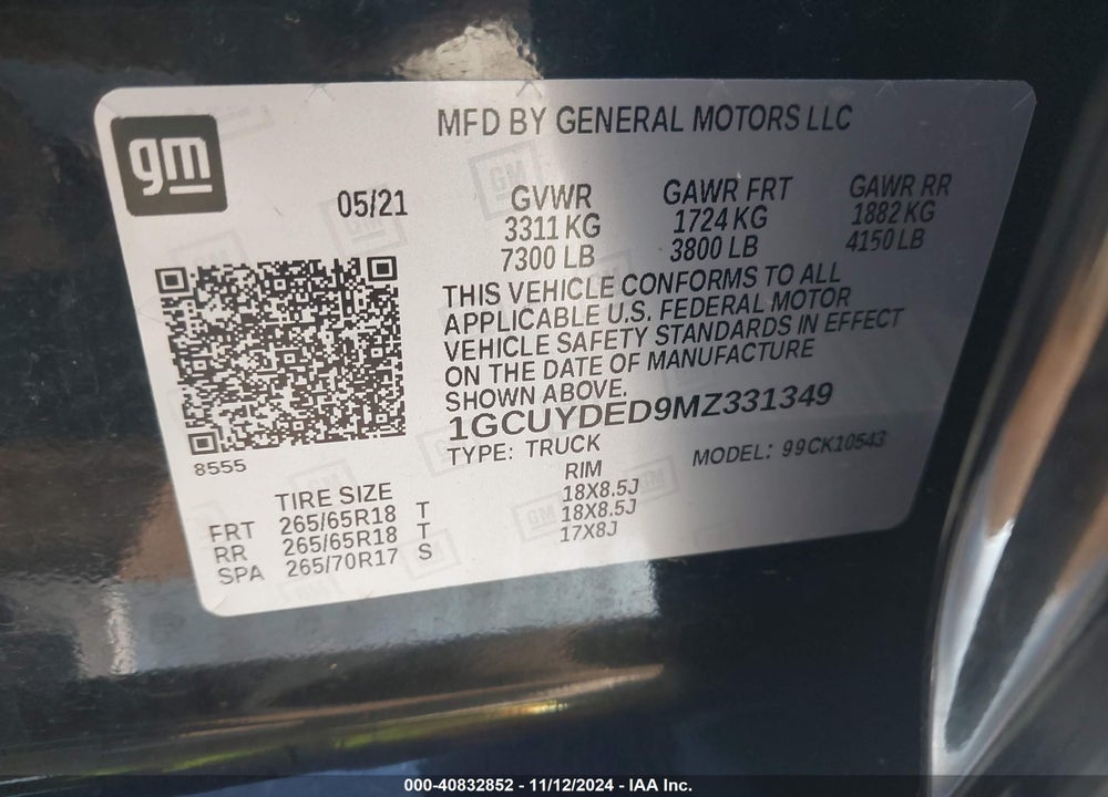 2021 CHEVROLET SILVERADO 1500 VIN: 1GCUYDED9MZ331349