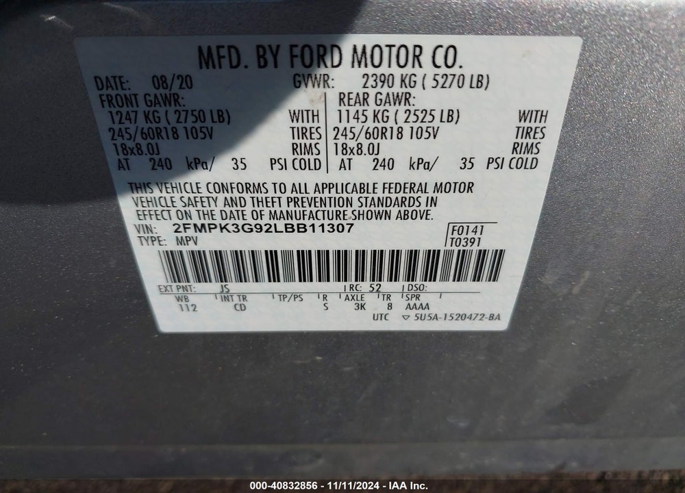 2020 FORD EDGE SE VIN: 2FMPK3G92LBB11307