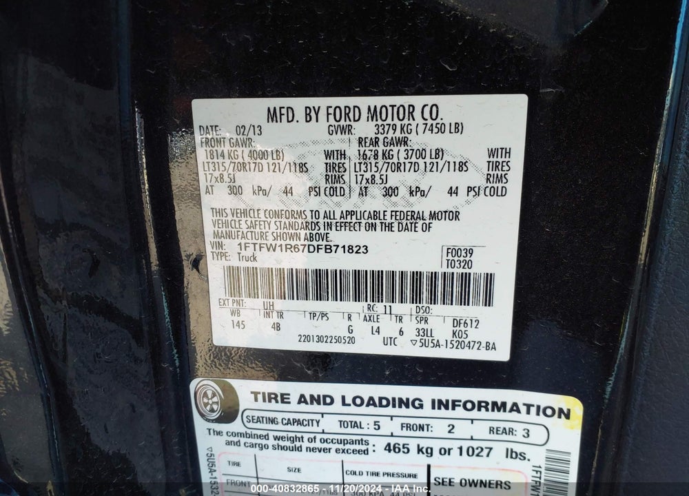 2013 FORD F150 VIN: 1FTFW1R67DFB71823
