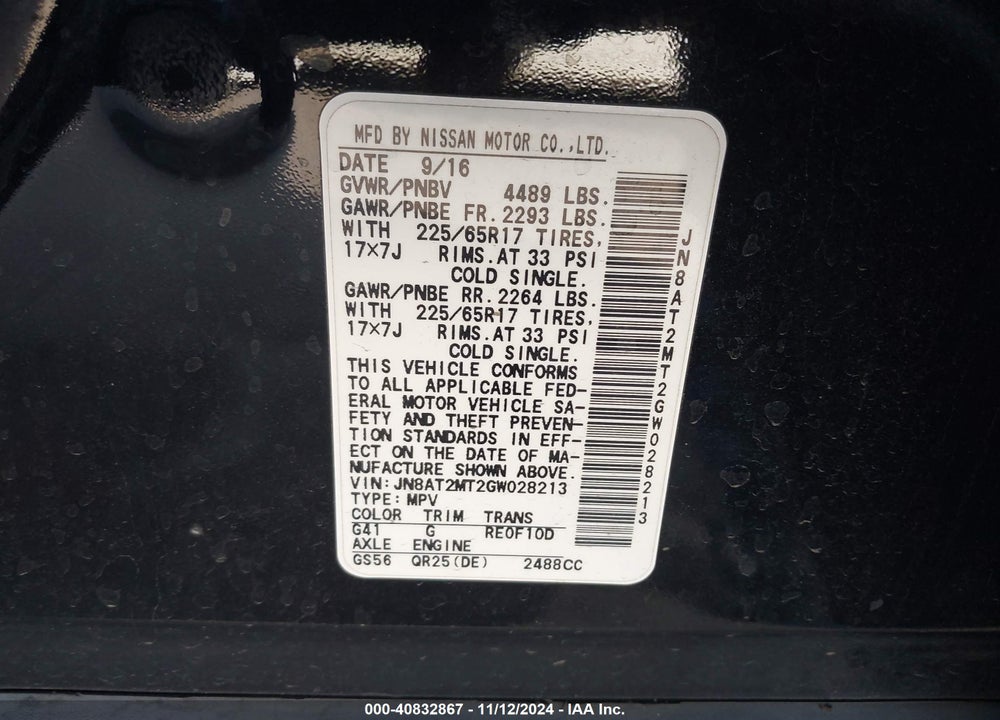 2016 NISSAN ROGUE SV VIN: JN8AT2MT2GW028213