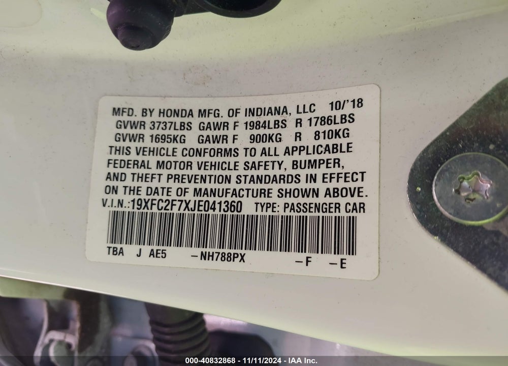 2018 HONDA CIVIC EX VIN: 19XFC2F7XJE041360