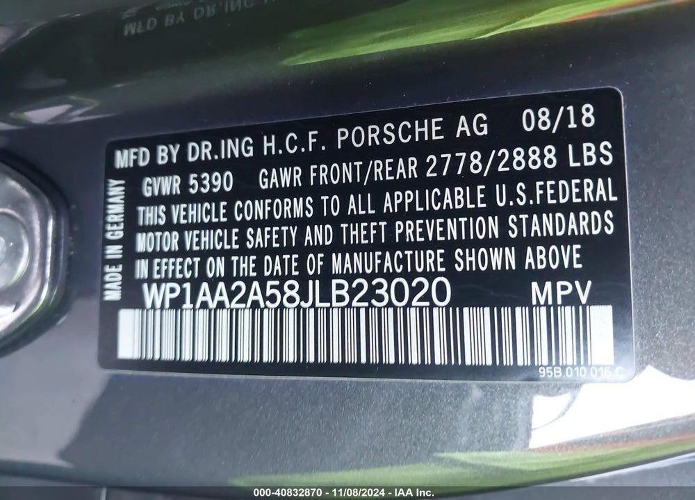2018 PORSCHE MACAN VIN: WP1AA2A58JLB23020