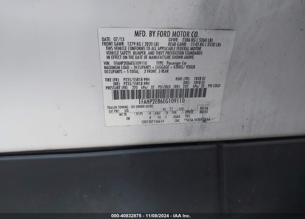 2014 FORD TAURUS SEL VIN: 1FAHP2E86EG109110