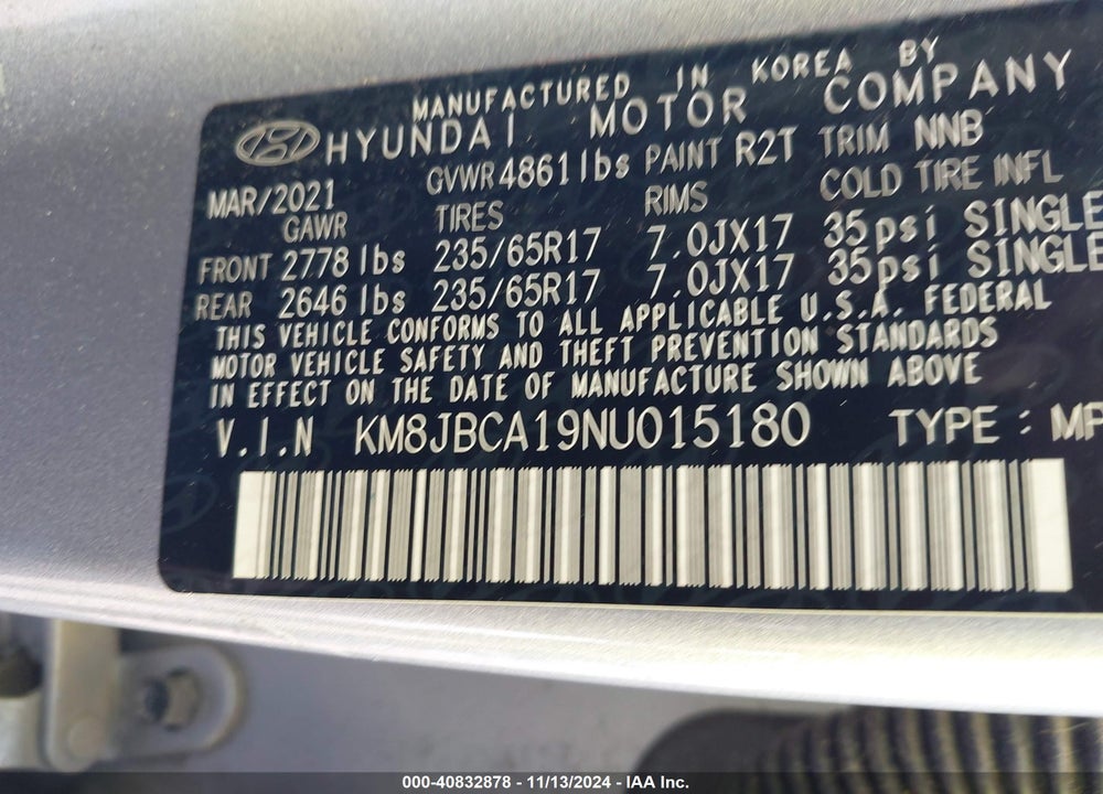 2022 HYUNDAI TUCSON HYBRID BLUE VIN: KM8JBCA19NU015180