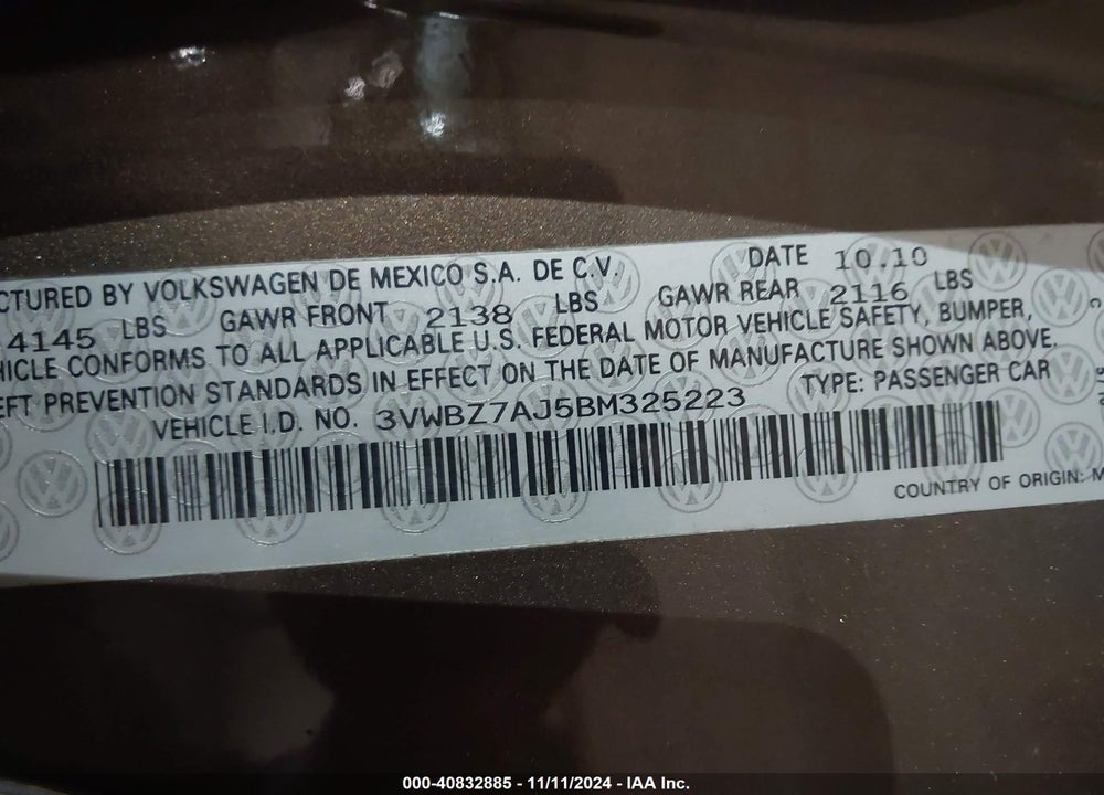 2011 VOLKSWAGEN JETTA 2.5L SE VIN: 3VWBZ7AJ5BM325223