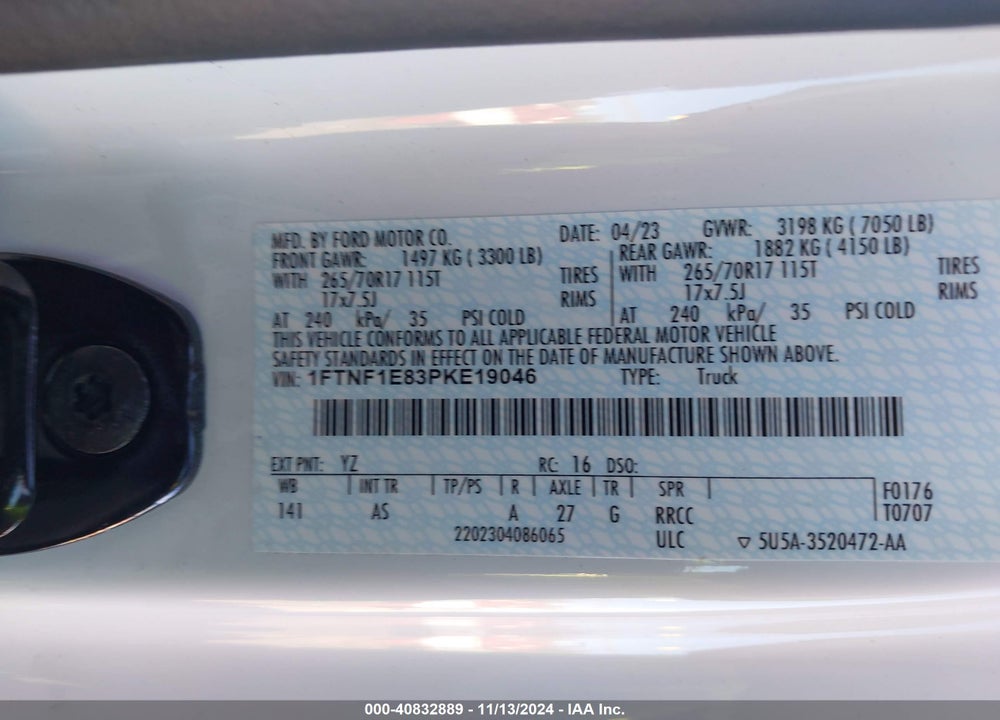 2023 FORD F-150 VIN: 1FTNF1E83PKE19046