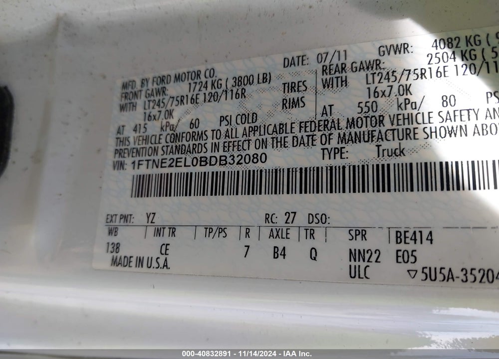 2011 FORD E-250 COMMERCIAL VIN: 1FTNE2EL0BDB32080