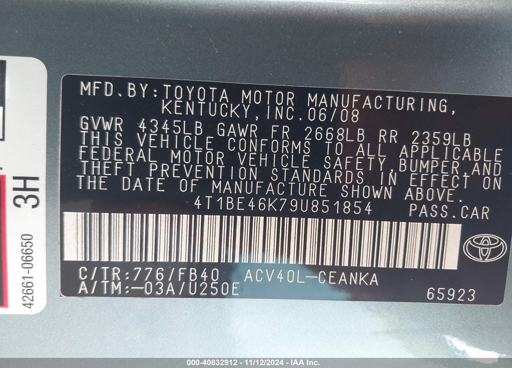 2009 TOYOTA CAMRY LE VIN: 4T1BE46K79U851854
