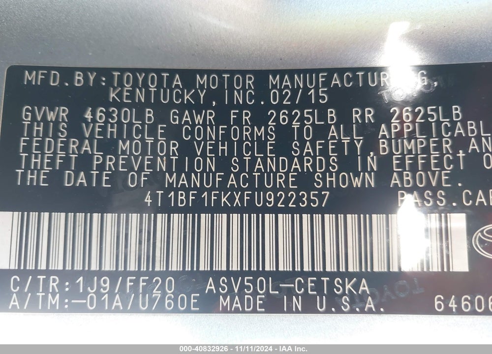 2015 TOYOTA CAMRY SE VIN: 4T1BF1FKXFU922357