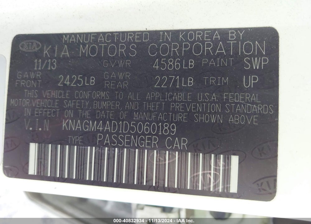 2013 KIA OPTIMA HYBRID LX VIN: KNAGM4AD1D5060189
