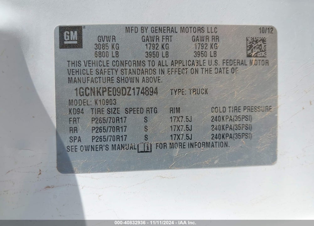 2013 CHEVROLET SILVERADO 1500 WORK TRUCK VIN: 1GCNKPE09DZ174894