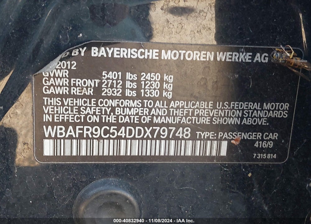 2013 BMW 550I VIN: WBAFR9C54DDX79748