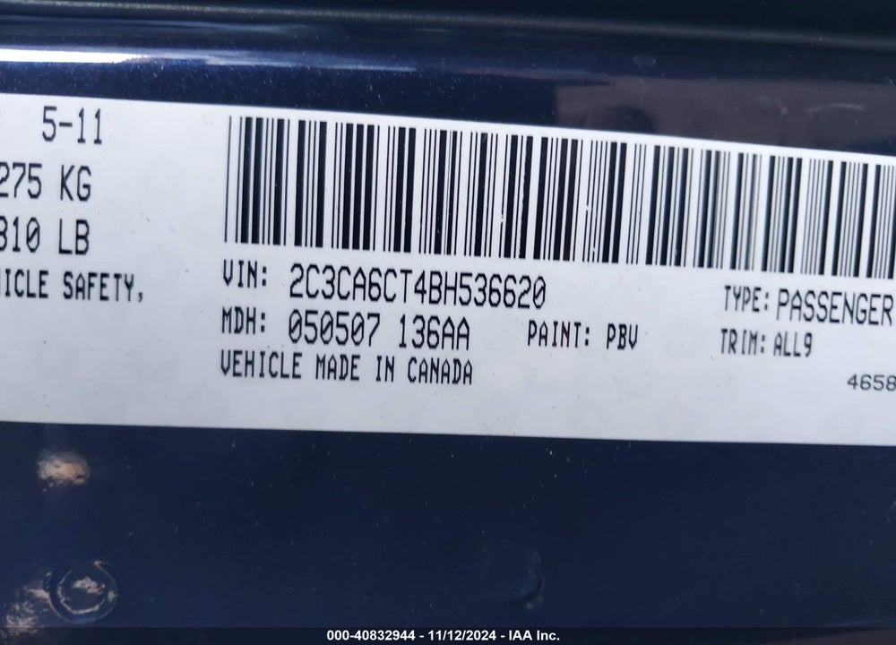 2011 CHRYSLER 300C VIN: 2C3CA6CT4BH536620