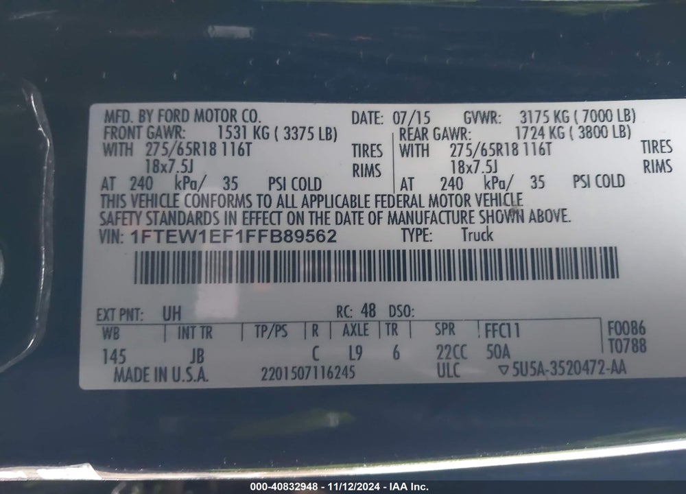 2015 FORD F-150 VIN: 1FTEW1EF1FFB89562