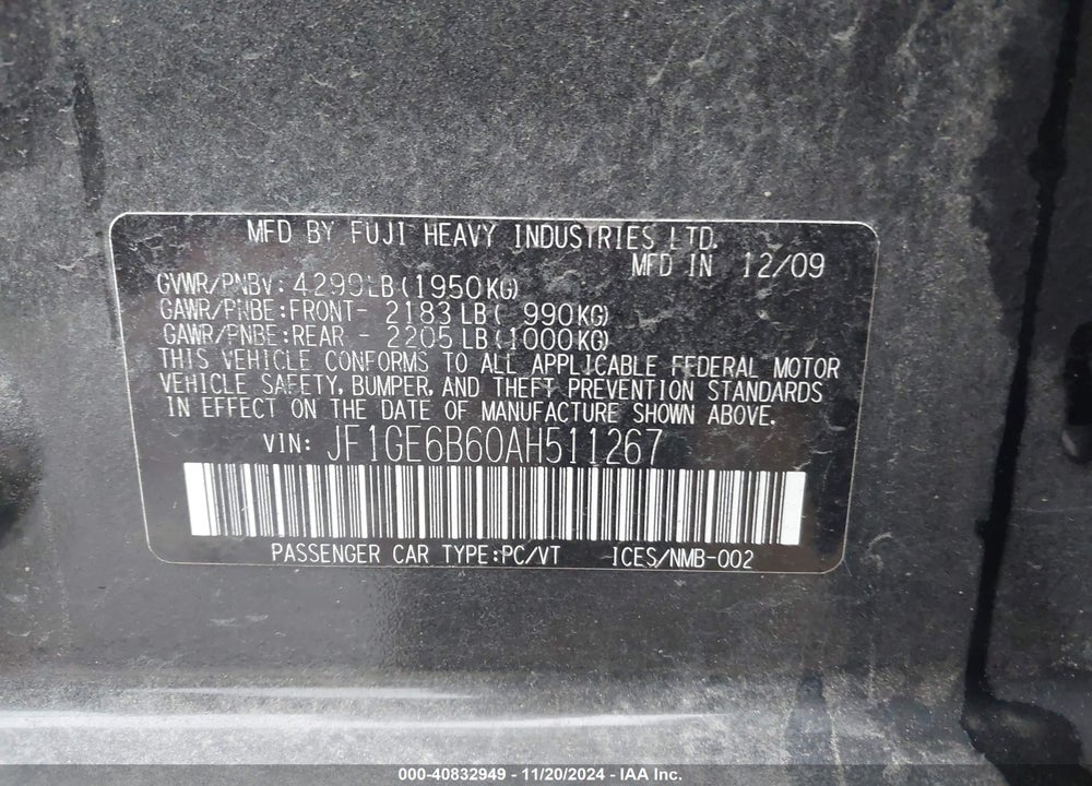 2010 SUBARU IMPREZA 2.5I PREMIUM VIN: JF1GE6B60AH511267