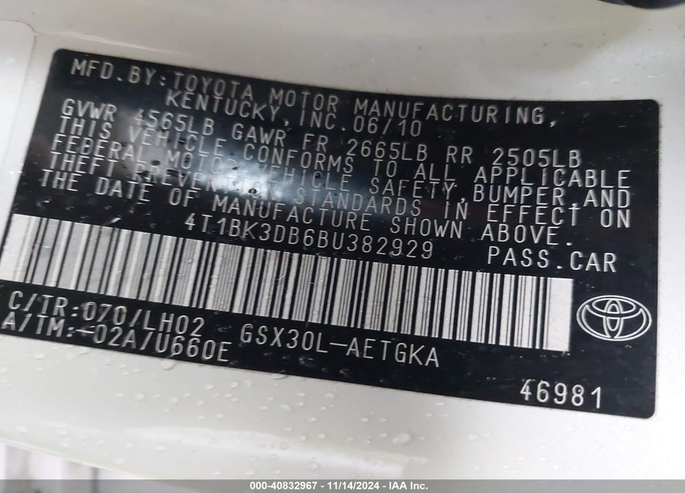 2011 TOYOTA AVALON VIN: 4T1BK3DB6BU382929