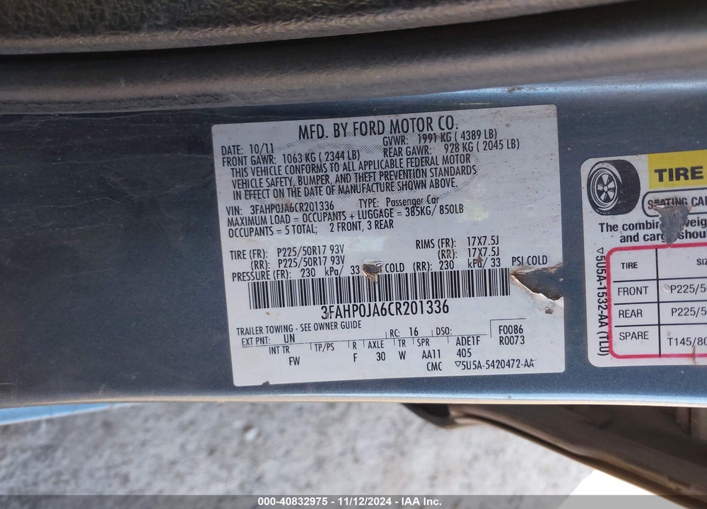 2012 FORD FUSION SEL VIN: 3FAHP0JA6CR201336