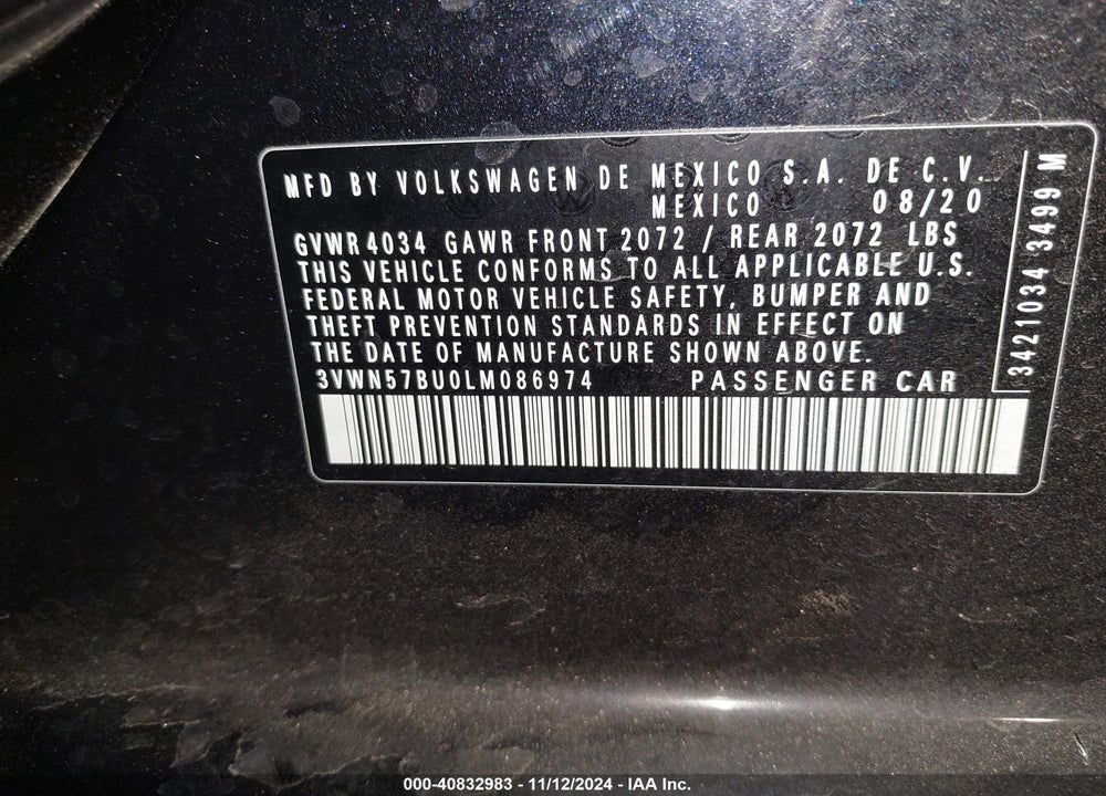 2020 VOLKSWAGEN JETTA VIN: 3VWN57BU0LM086974