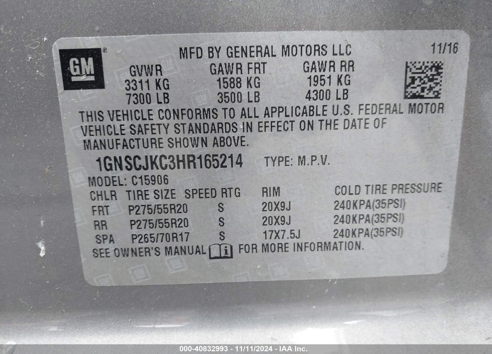 2017 CHEVROLET SUBURBAN PREMIER VIN: 1GNSCJKC3HR165214