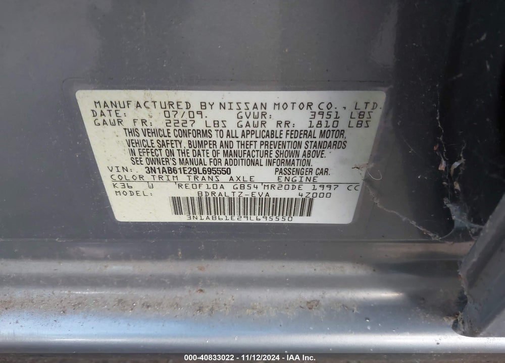 2009 NISSAN SENTRA 2.0S VIN: 3N1AB61E29L695550