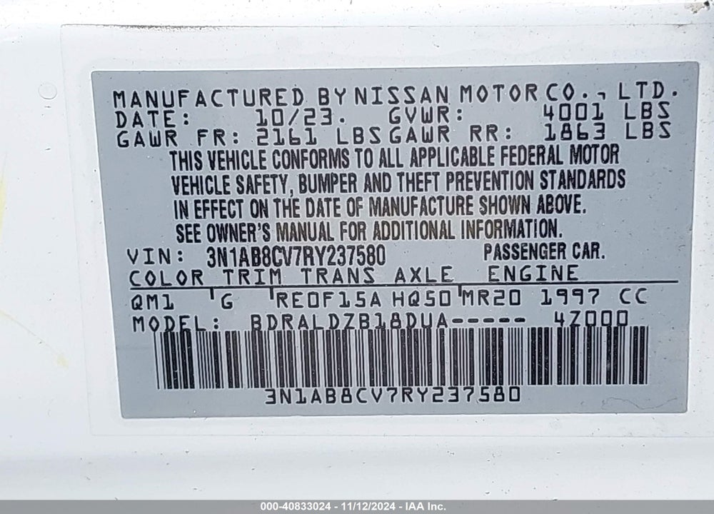 2024 NISSAN SENTRA SV XTRONIC CVT VIN: 3N1AB8CV7RY237580