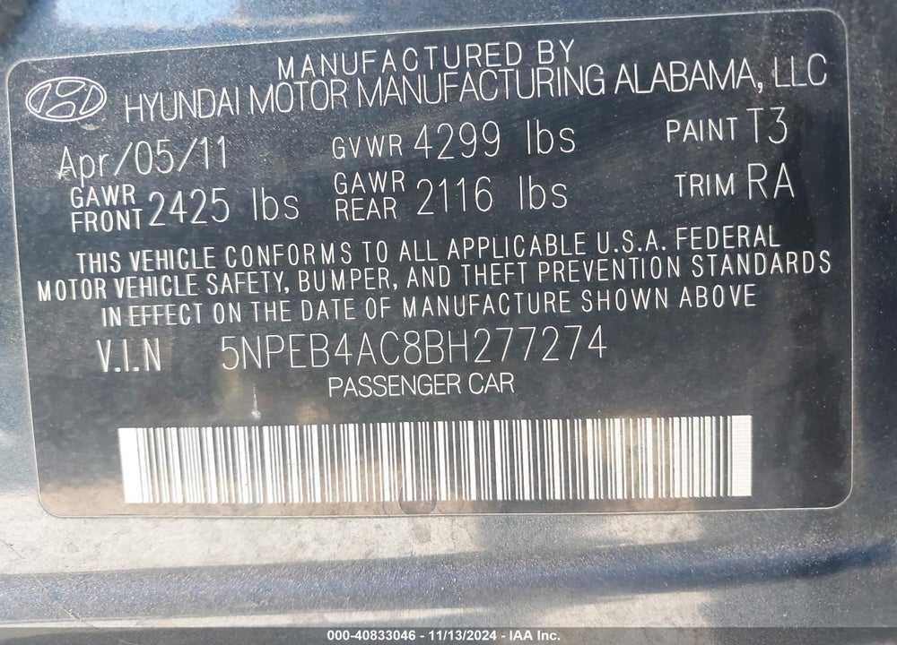 2011 HYUNDAI SONATA GLS VIN: 5NPEB4AC8BH277274