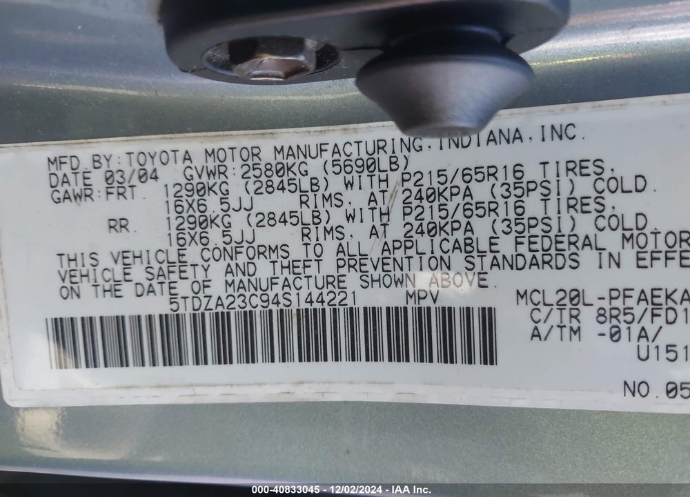 2004 TOYOTA SIENNA VIN: 5TDZA23C94S144221