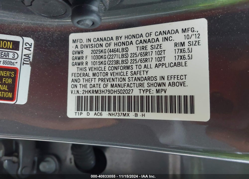 2013 HONDA CR-V EX-L VIN: 2HKRM3H79DH502027