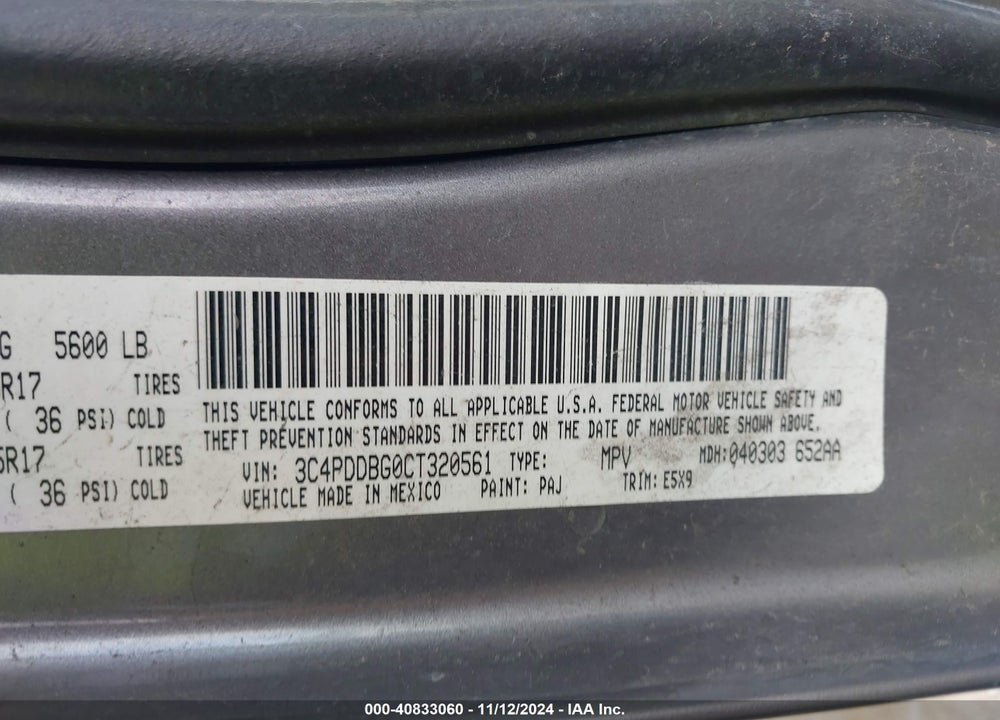 2012 DODGE JOURNEY SXT VIN: 3C4PDDBG0CT320561