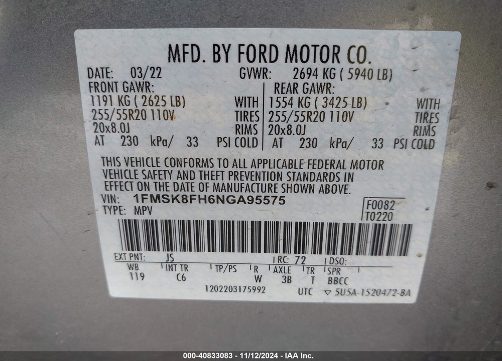 2022 FORD EXPLORER VIN: 1FMSK8FH6NGA95575