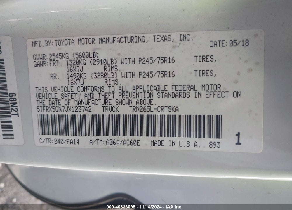 2018 TOYOTA TACOMA SR VIN: 5TFRX5GN7JX123742