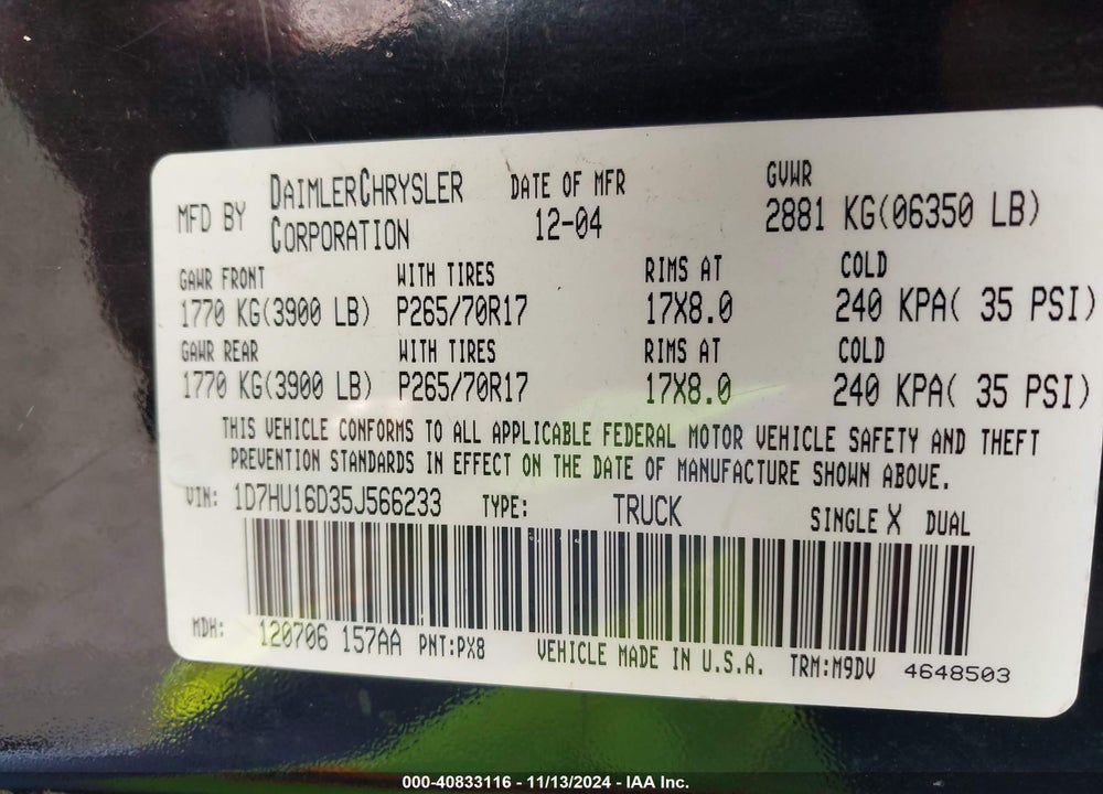 2005 DODGE RAM 1500 SLT/LARAMIE VIN: 1D7HU16D35J566233