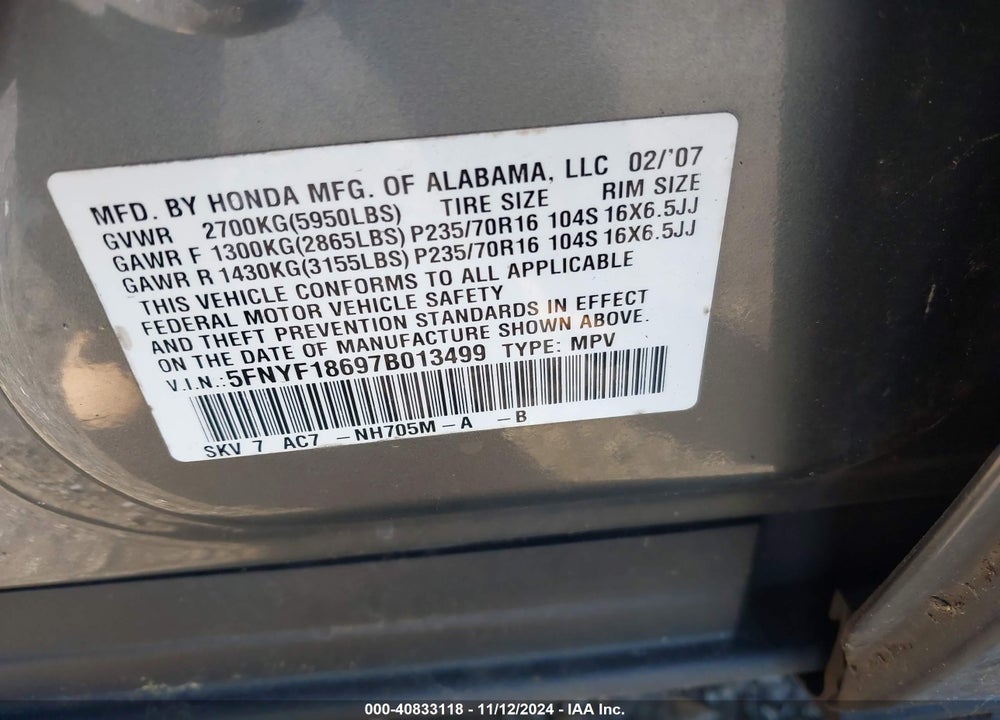 2007 HONDA PILOT EX-L VIN: 5FNYF18697B013499