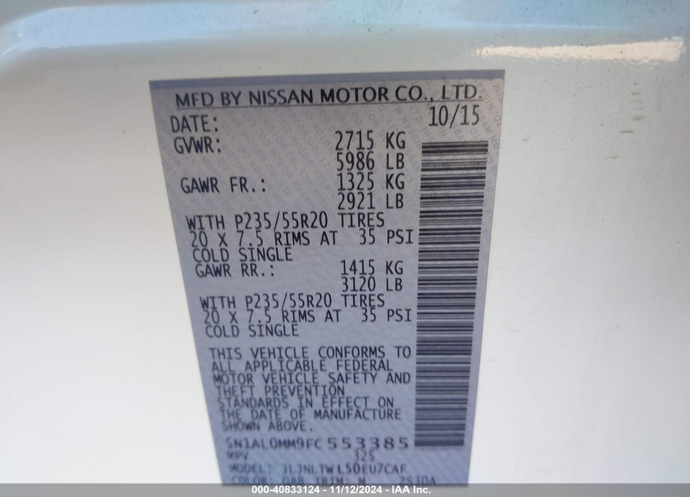 2015 INFINITI QX60 VIN: 5N1AL0MM9FC553385