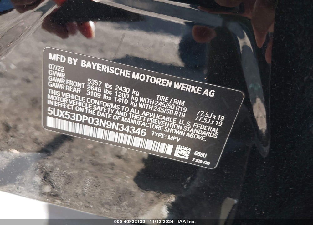 2022 BMW X3 XDRIVE30I VIN: 5UX53DP03N9N34346