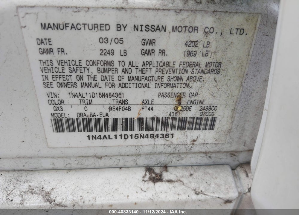 2005 NISSAN ALTIMA 2.5 S VIN: 1N4AL11D15N484361