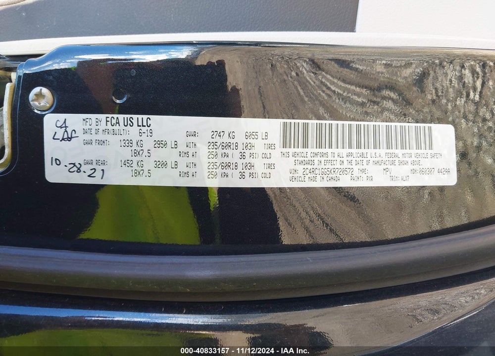 2019 CHRYSLER PACIFICA VIN: 2C4RC1GG5KR720572