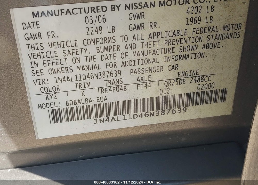 2006 NISSAN ALTIMA 2.5 S VIN: 1N4AL11D46N387639