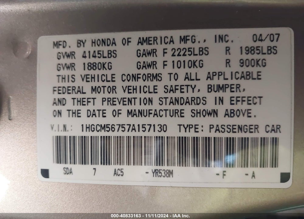2007 HONDA ACCORD 2.4 EX VIN: 1HGCM56757A157130