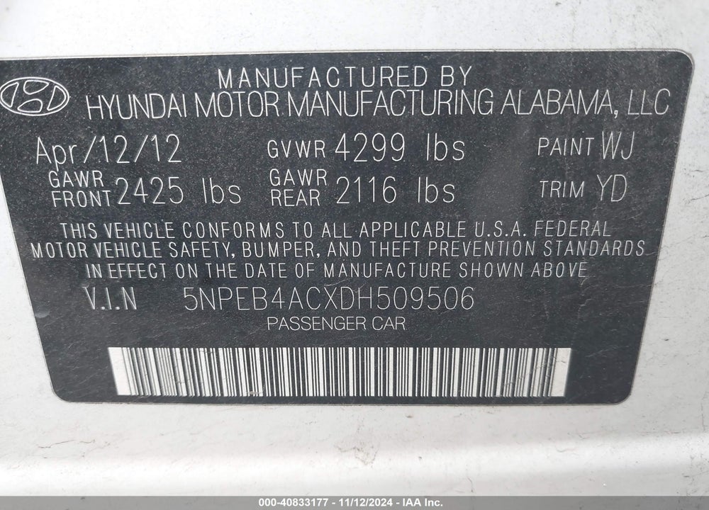 2013 HYUNDAI SONATA GLS VIN: 5NPEB4ACXDH509506