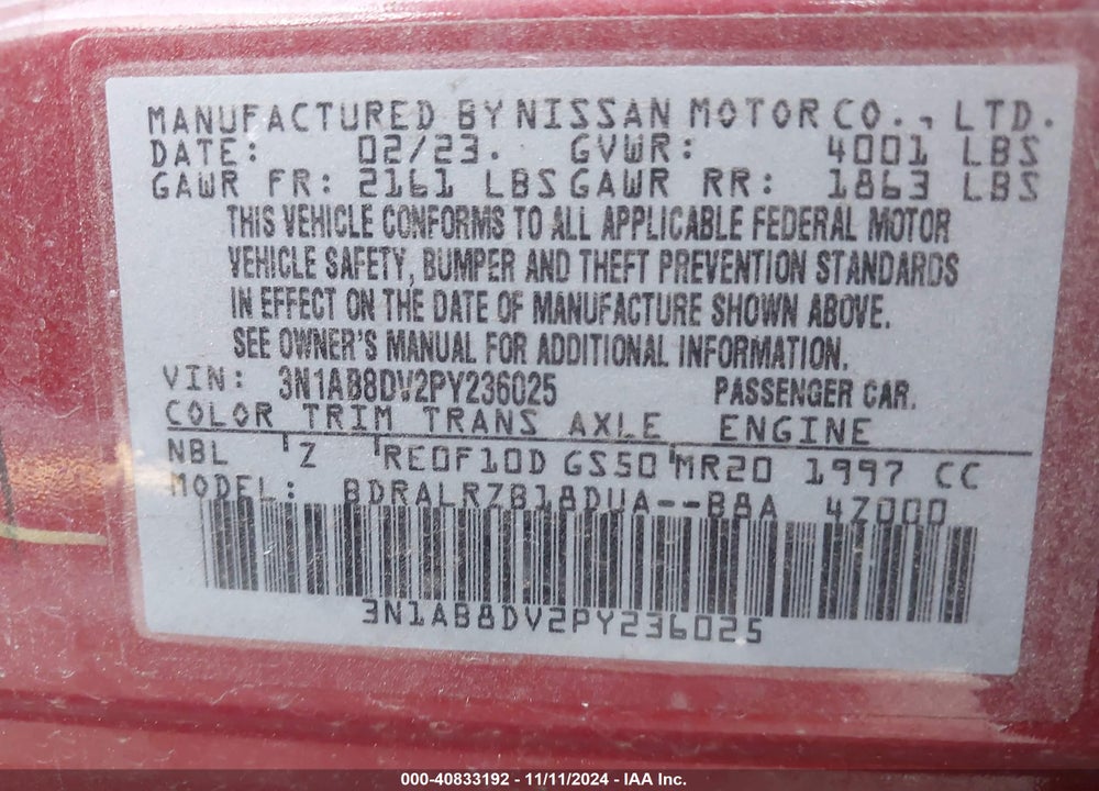 2023 NISSAN SENTRA SR XTRONIC CVT VIN: 3N1AB8DV2PY236025