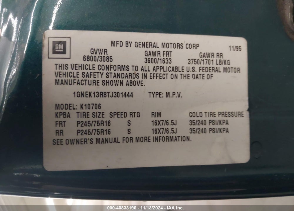1996 CHEVROLET TAHOE K1500 VIN: 1GNEK13R8TJ301444